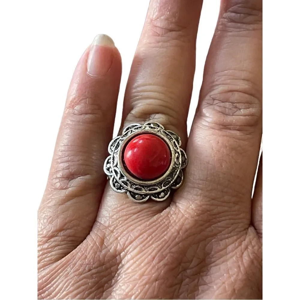 NWT silver tone marcasite like stones with red round center stone ring US size 8